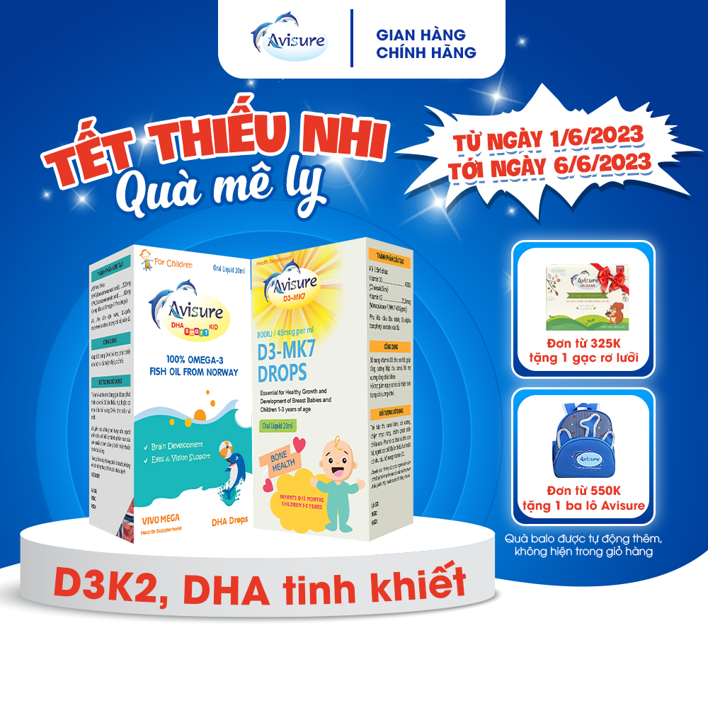 Combo Avisure D3MK7 và Avisure DHA smart kid hỗ trợ bé cao lớn, thông minh, mắt sáng