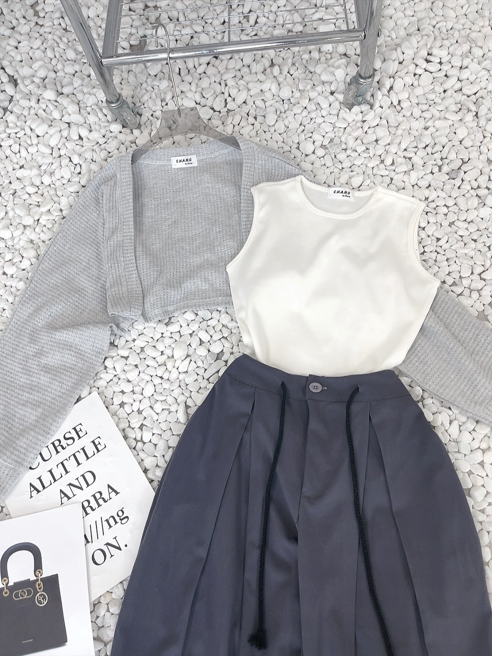 SET QUẦN DÀI ỐNG RỘNG LƯNG CAO SUÔNG TRƠN + ÁO KHOÁC LƯỚI LỬNG CARDIGAN TAY DÀI + ÁO CROPTOP 3 LỖ DẠO PHỐ ĐI CHƠI ĐI BIỂN ĐI TIỆC