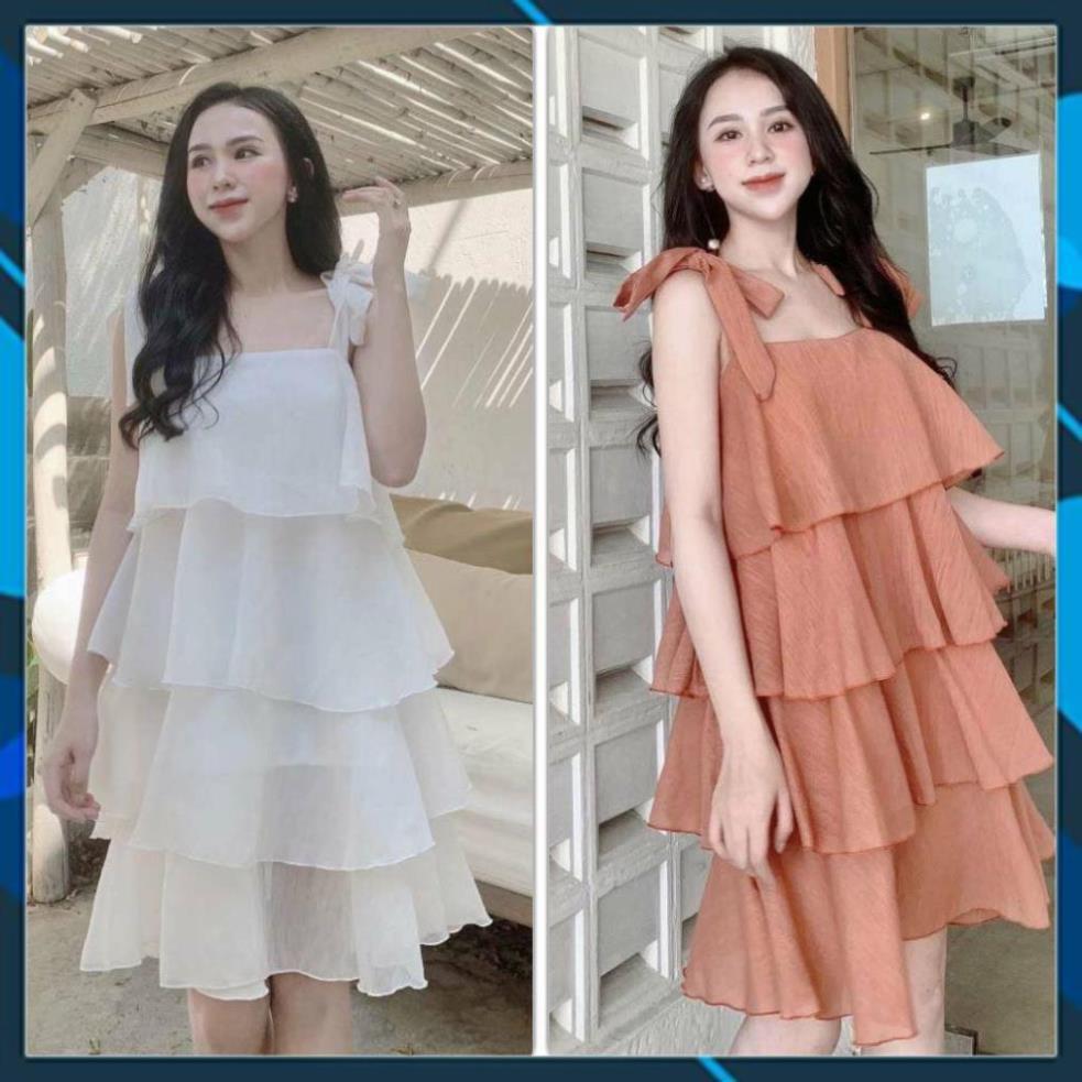 Đầm Tầng Xòe Thắt Nơ Vai - Voan Tơ Cao Cấp - Màu Trắng - Cam - Quyến Rũ