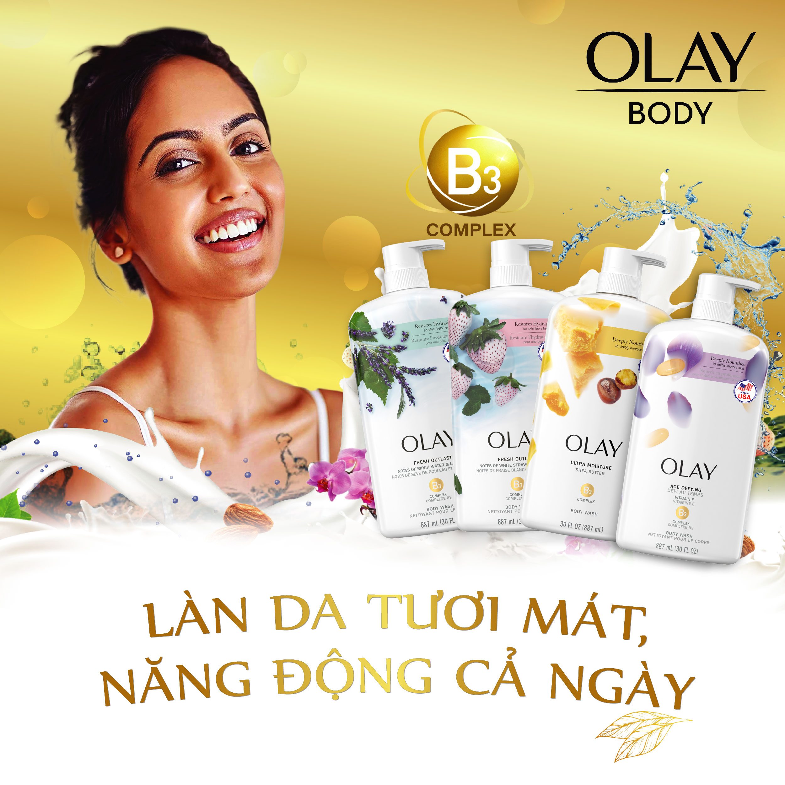 Combo 2 Sữa Tắm Dưỡng Ẩm OLAY Body Wash 887ml x2 Nhập Khẩu Mỹ Hương Purifying Birch Water &amp; Lavender/White Strawberry &amp; Mint/Shea Butter/Age Defying