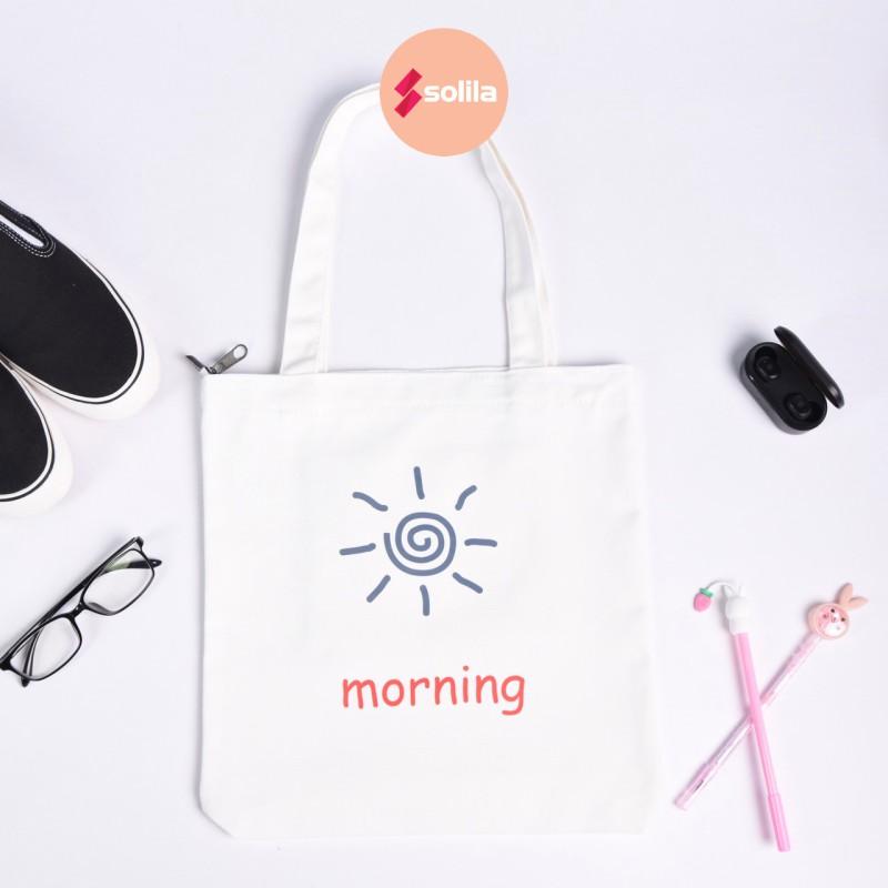 Túi tote vải canvas có khóa kéo miệng túi và túi phụ bên trong in hình Mặt Trời Morning mềm đẹp cho nam nữ đi học đi làm