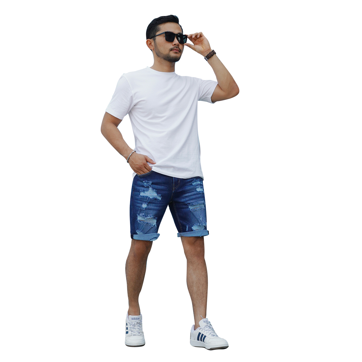 Quần Short Jeans Nam Rách Cao Cấp HUNTER X-RAYS Form Slim Thun Màu Xanh Đậm S78