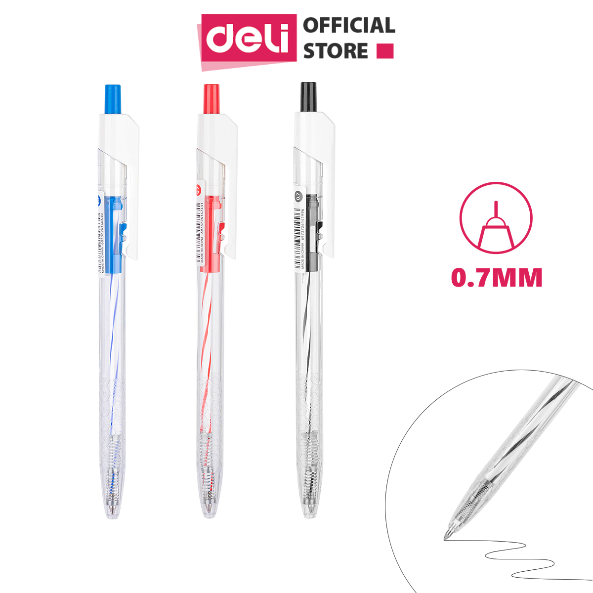 Combo 5-10-20 Bút Bi Bấm Deli EQ24 Ngòi 0.7mm - Mực Xanh/Đen/Đỏ - Bút bi dầu phù hợp học sinh văn phòng