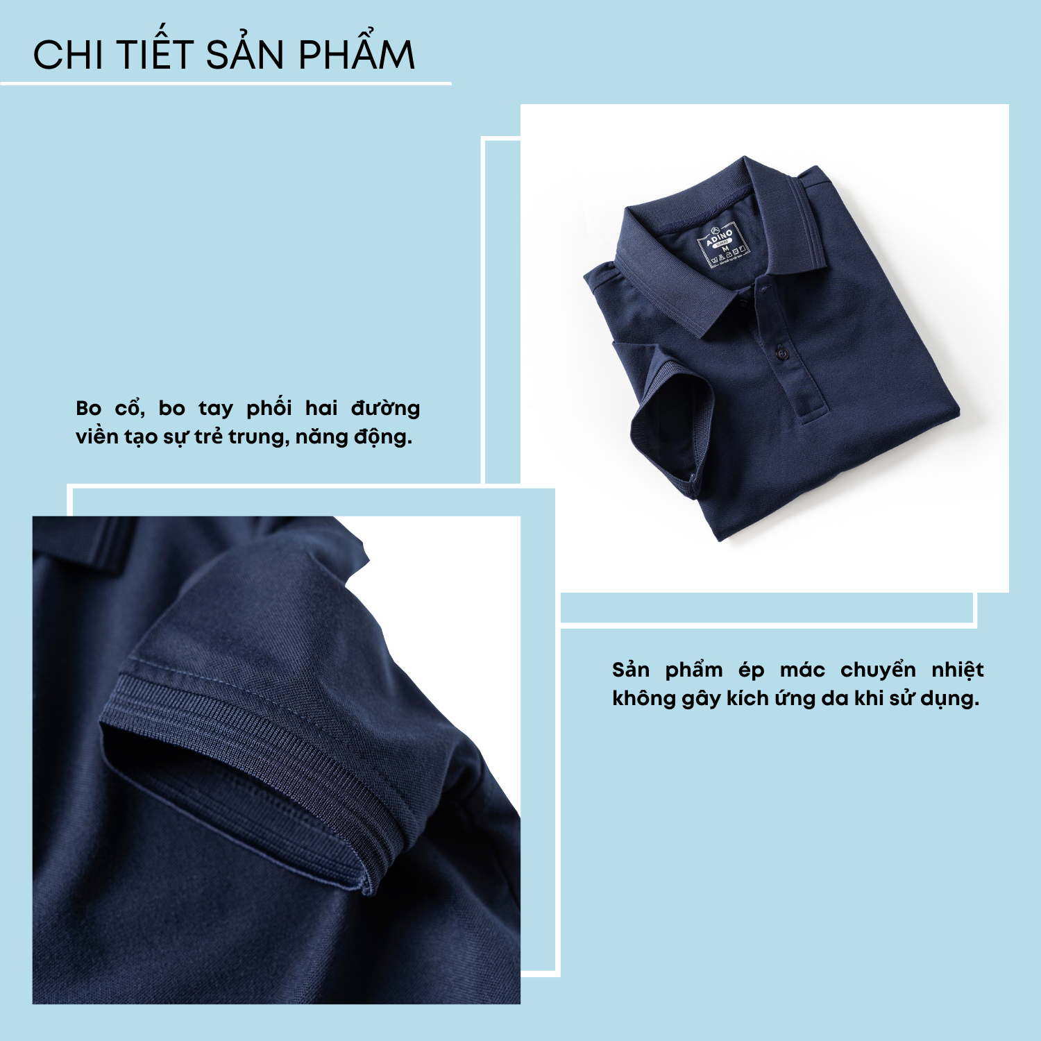 Áo thun có cổ nam màu xanh đen phối viền chìm ADINO vải cotton polyester mềm dáng slimfit công sở trẻ trung AP86