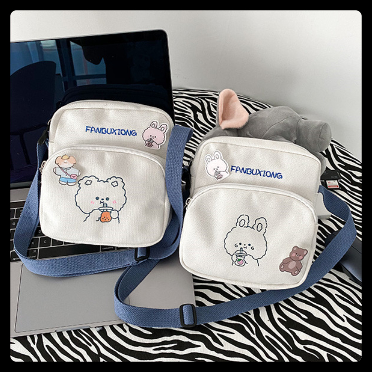 Túi chéo nữ mini vải canvas gấu thỏ trà sữa cute thời trang teen giá rẻ