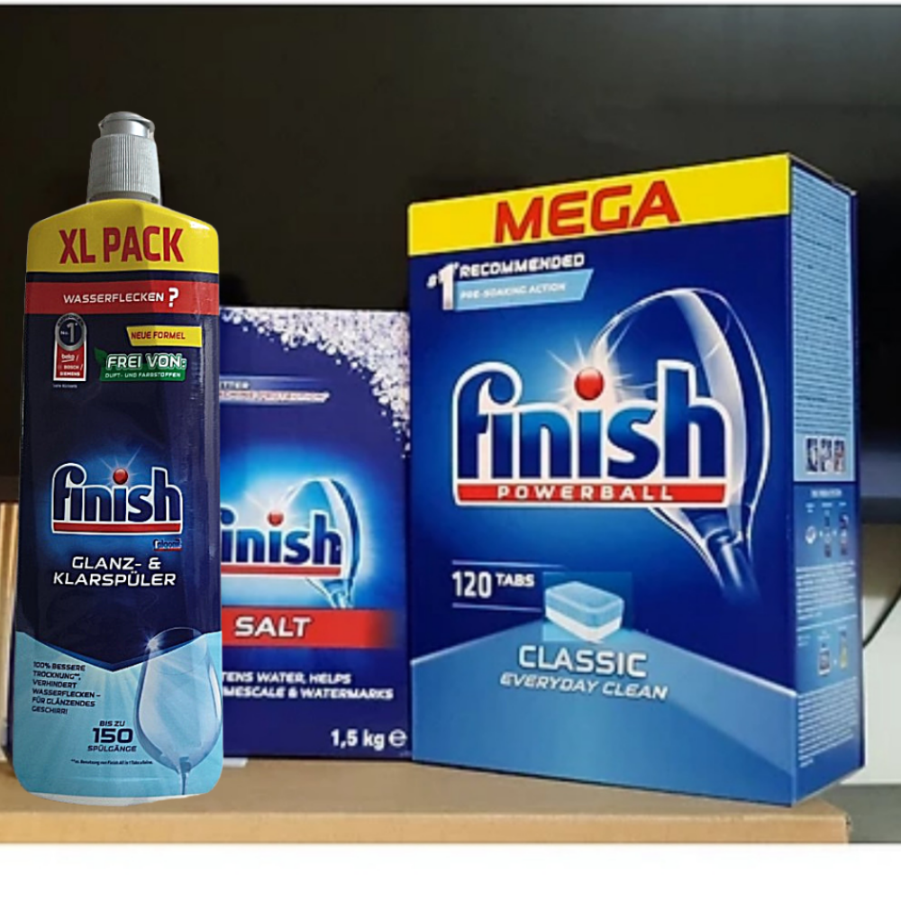 Combo muối rửa bát Finish 1,5kg+viên rửa bát Finish 120 viên+Nước làm bóng bát chén finish 800ml