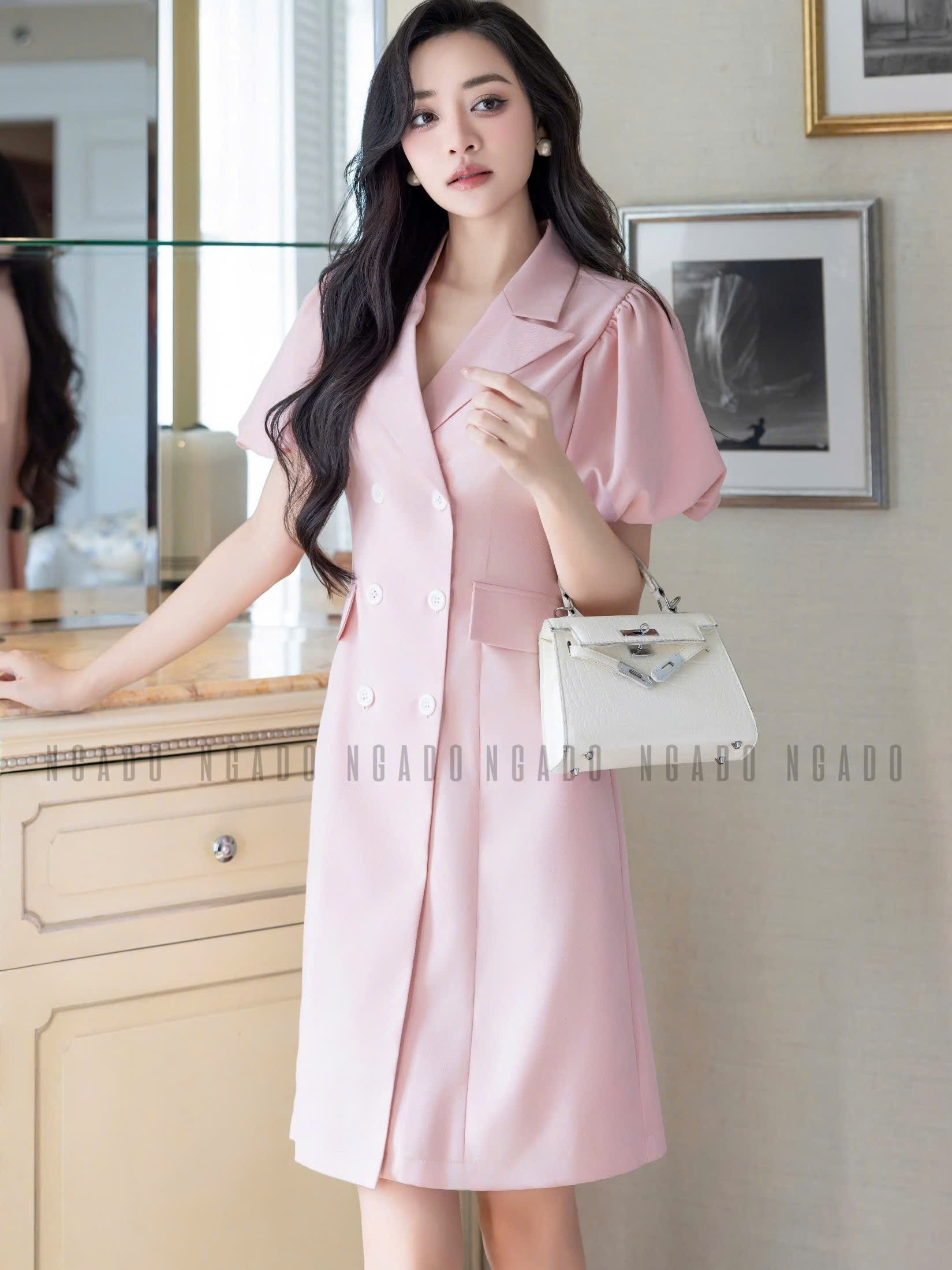 Đầm hồng cổ vest tay phồng NGADO , đầm thiết kế , đầm công sở , đầm dự tiệc