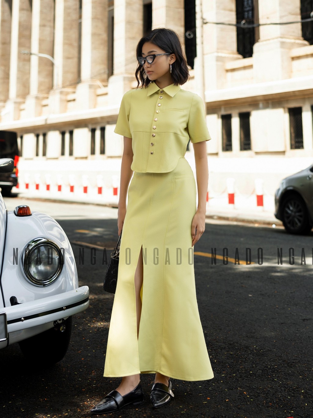 Set áo váy xanh bơ ngắn tay NGADO , set đồ nữ , Set áo croptop vạt bầu kèm chân váy đuôi cá xẻ tà