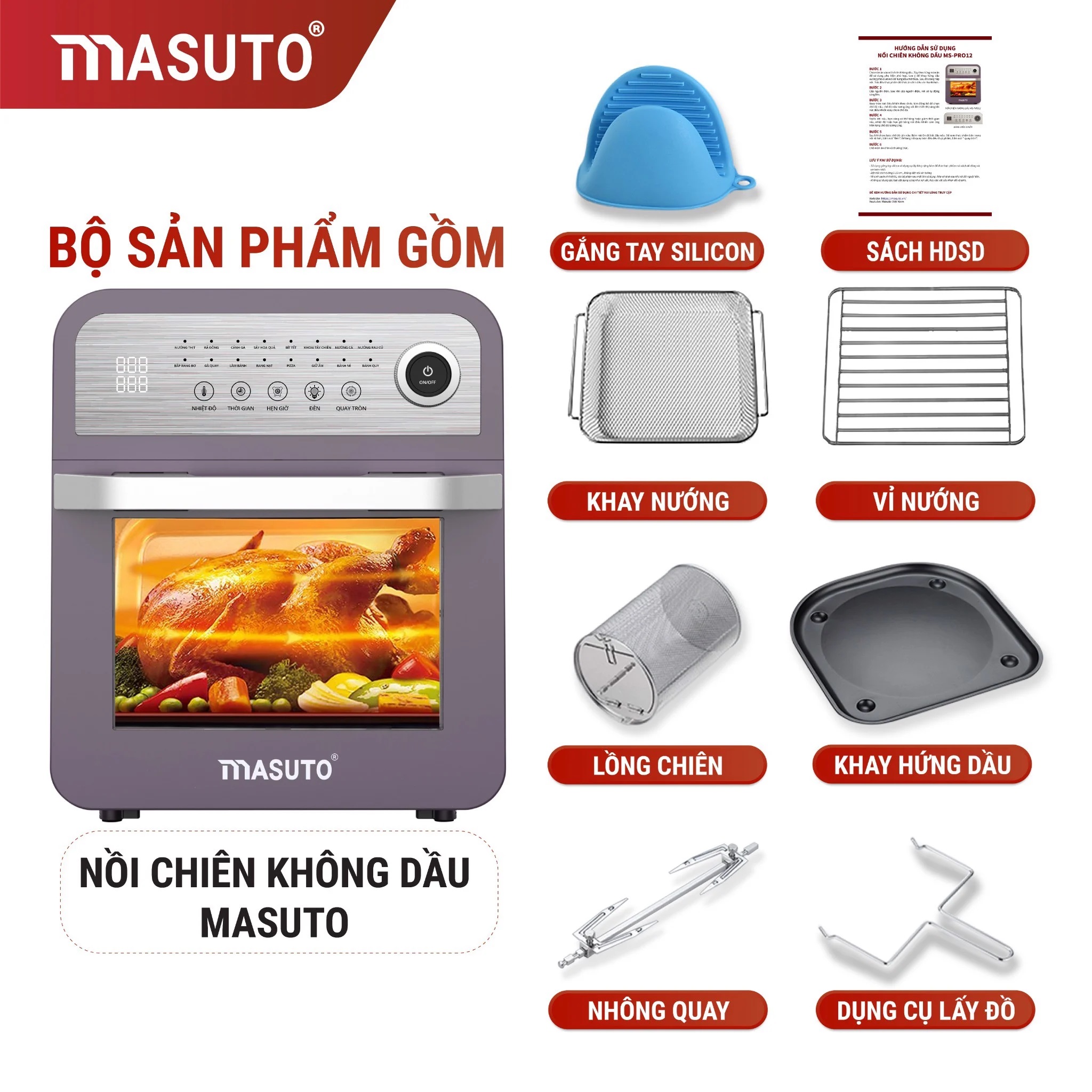 Nồi chiên không dầu Sothing Masuto MS-Pro12, dung tích 12l, công suất lớn 1700w, 10 chức năng nấu thông minh- Hàng chính hãng