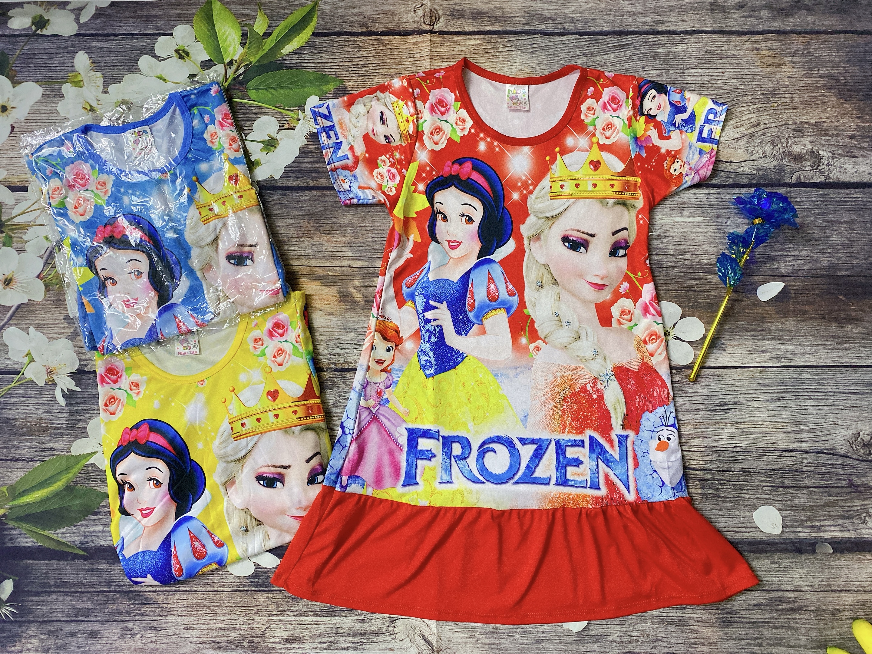 Đầm Bé Gái Size 20,5-27Kg, 5-8 Tuổi Công Chúa Elsa, Bạch Tuyết In 3D Váy Thun Lạnh Dễ Thương
