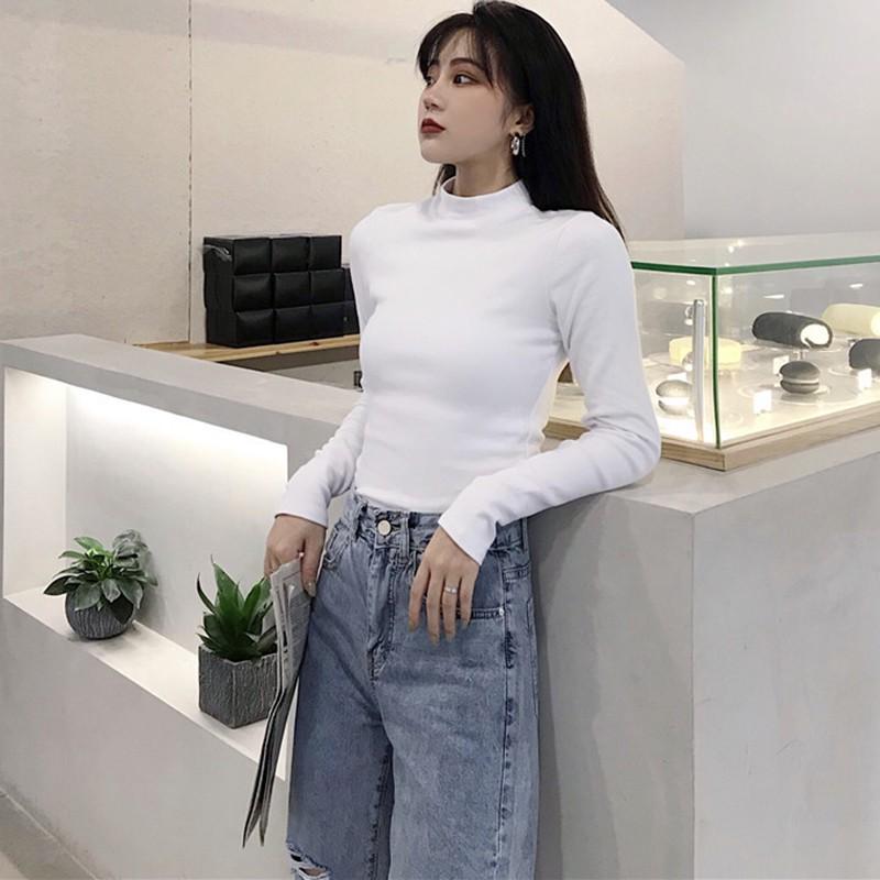 Áo thun dài tay cổ lọ màu trơn đơn giản phong cách Hàn Quốc