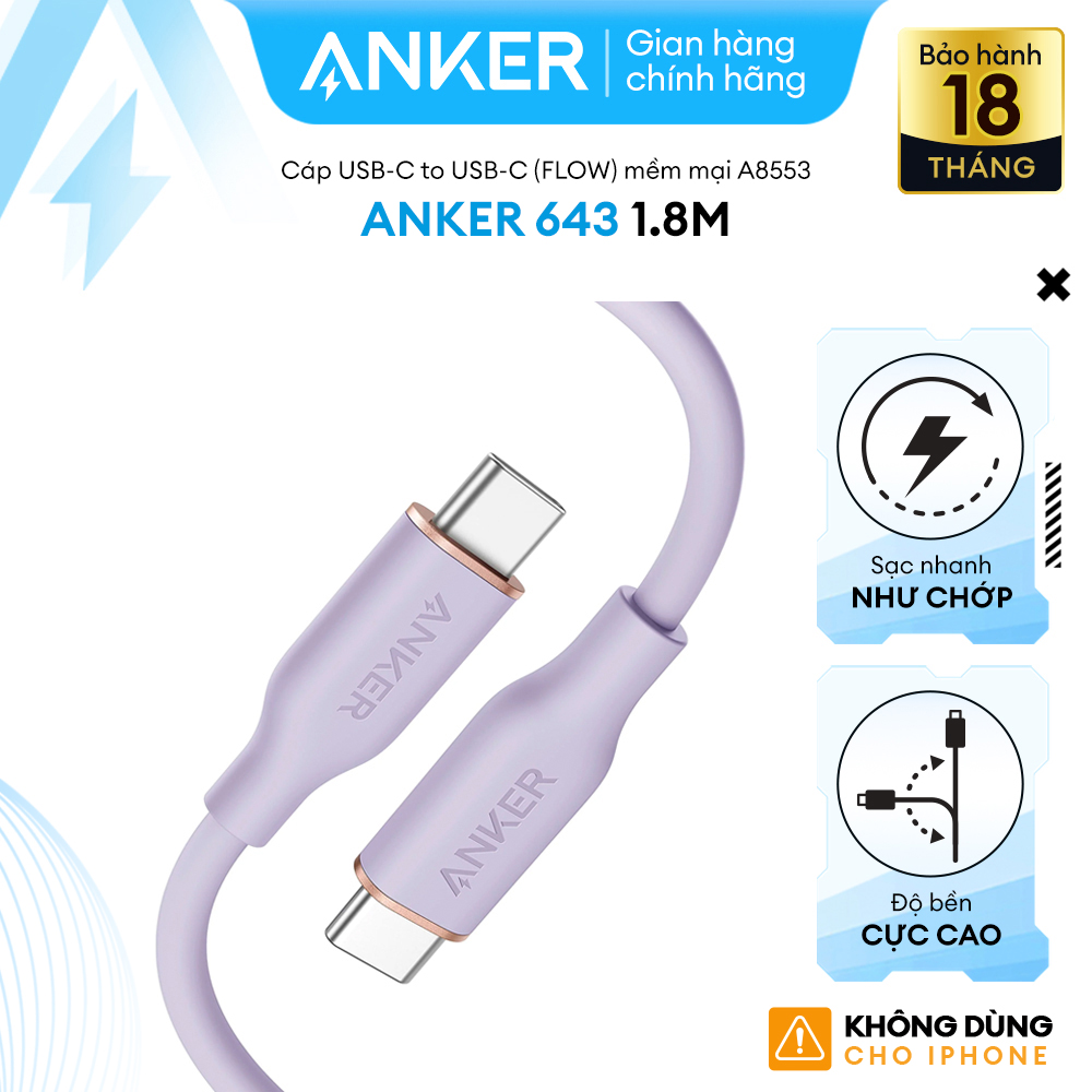 Cáp sạc ANKER PowerLine III Flow USB-C To USB-C dài 1.8M - A8553 - Hỗ trợ sạc nhanh thông qua củ sạc PD hoặc PiQ 3.0