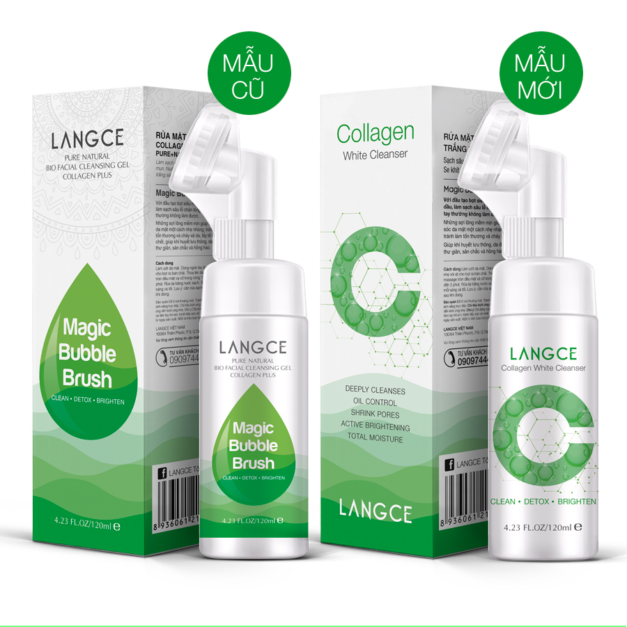 Cọ Massage Rửa Mặt Sáng Da Collagen+ Thải Độc Tố Kiềm Dầu 120ml TẶNG Kem Làm Rụng Lông Trắng Da 20ml LANGCE