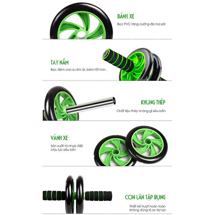 Combo 2 dụng cụ tập Gym : 1 Con lăn 2 bánh tập bụng săn chắc cơ + 1 Bộ 5 dây ngũ sắc kháng lực đàn hồi tập cơ vai tay