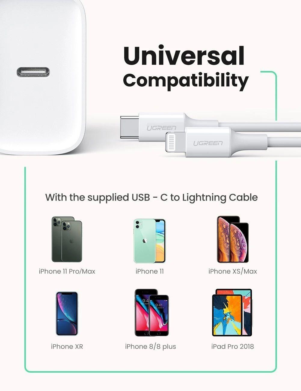 Ugreen UG70293CD137TK 18W bộ kit sạc nhanh PD và cáp USB type C ra Lightning MFI cho iPhone màu trắng - HÀNG CHÍNH HÃNG