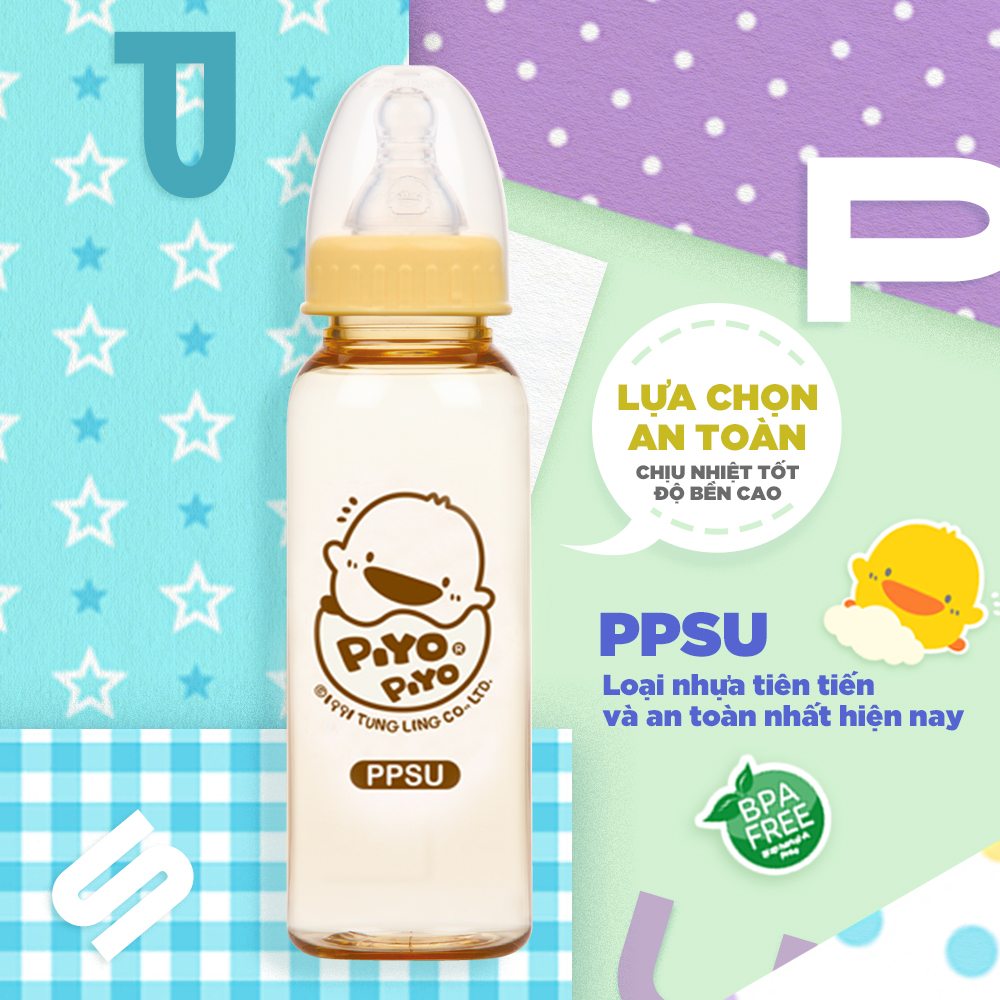 Bình sữa cổ tiêu chuẩn Piyo Piyo 240ml nhựa PPSU chịu nhiệt tới 180 độ, núm ty chống đầy hơi