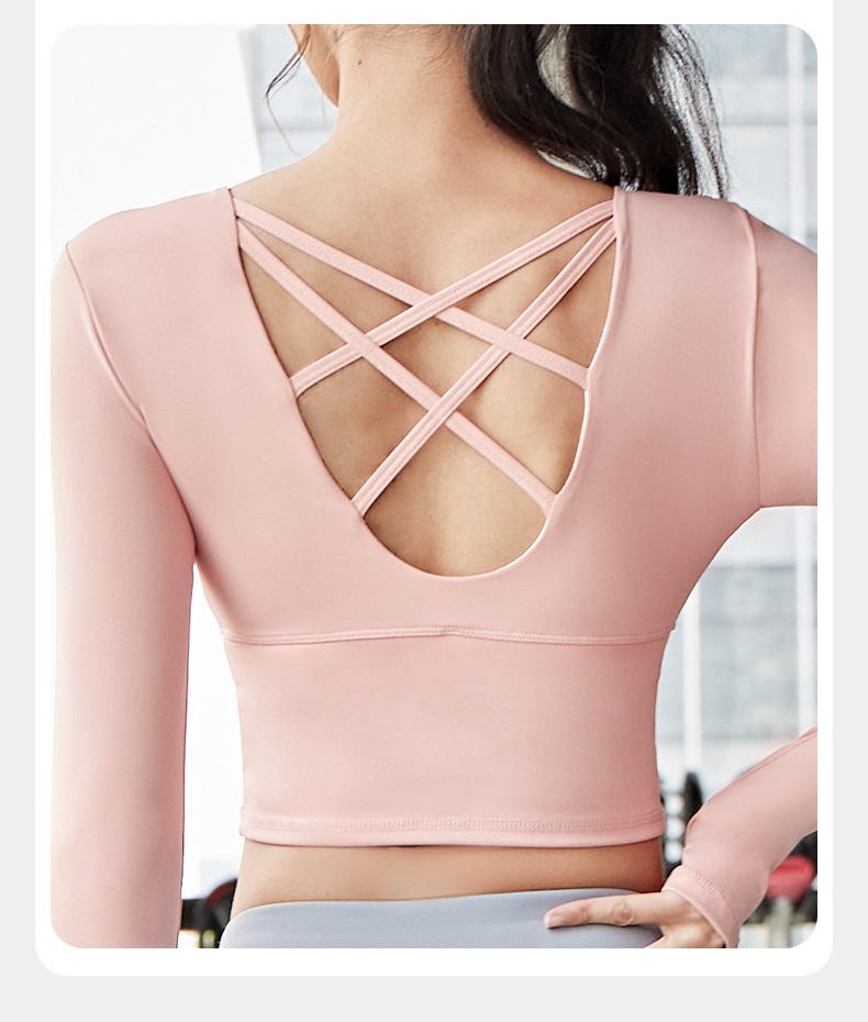 Áo tập gym dáng croptop dài tay xỏ ngón có mút đệm, Áo tập yoga, aerobic cho nữ, dây chéo lưng thời trang