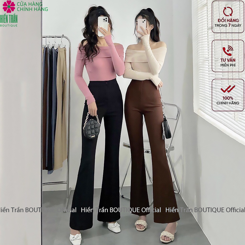 Quần ống rộng Hiền Trần BOUTIQUE lưng cạp cao 1 cúc baggy vải nữ dài suông loe culottes màu đen nâu cafe