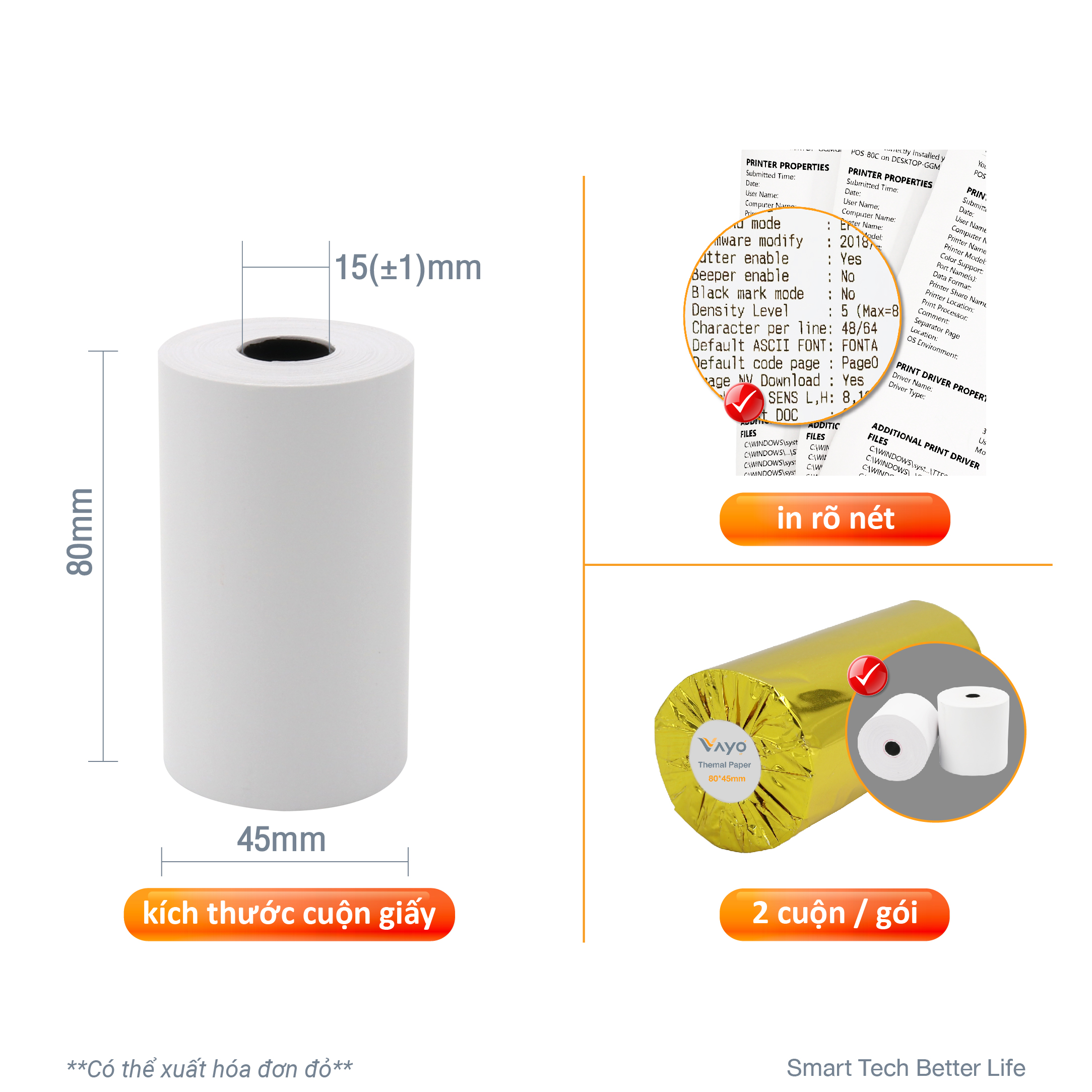 Giấy in nhiệt Giấy in bill VAYO Khổ 80 x 45 mm - In rõ nét - Lõi siêu nhỏ - Hàng chính hãng - 65gsm