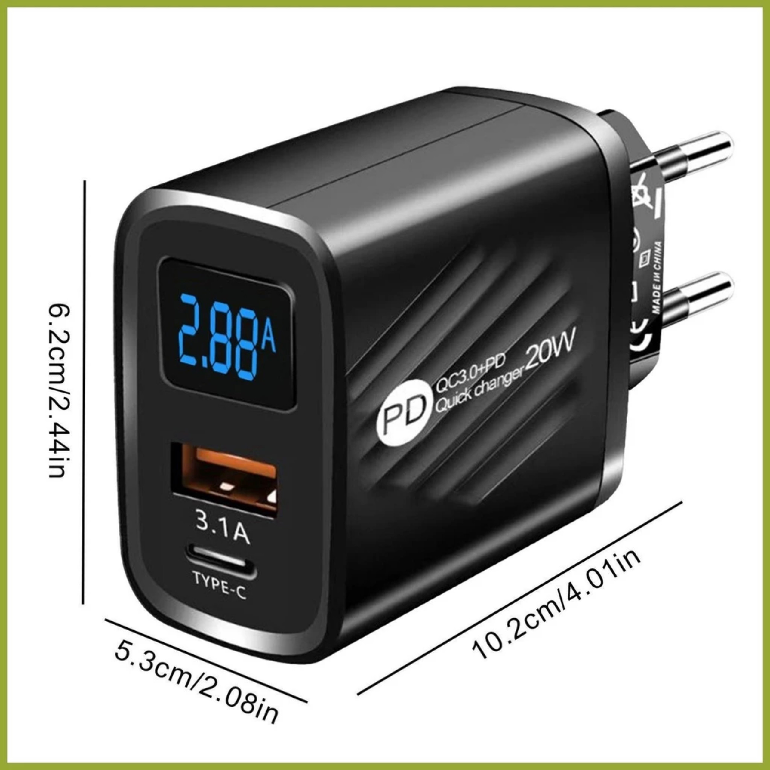 Củ Sạc Nhanh PD20W Cổng USB 5V3.1A có màn hình led hiển thị cho Điện Thoại, Máy Tính Bảng gồm 1 cổng USB và 1 cổng Type-C,  hàng nhập khẩu