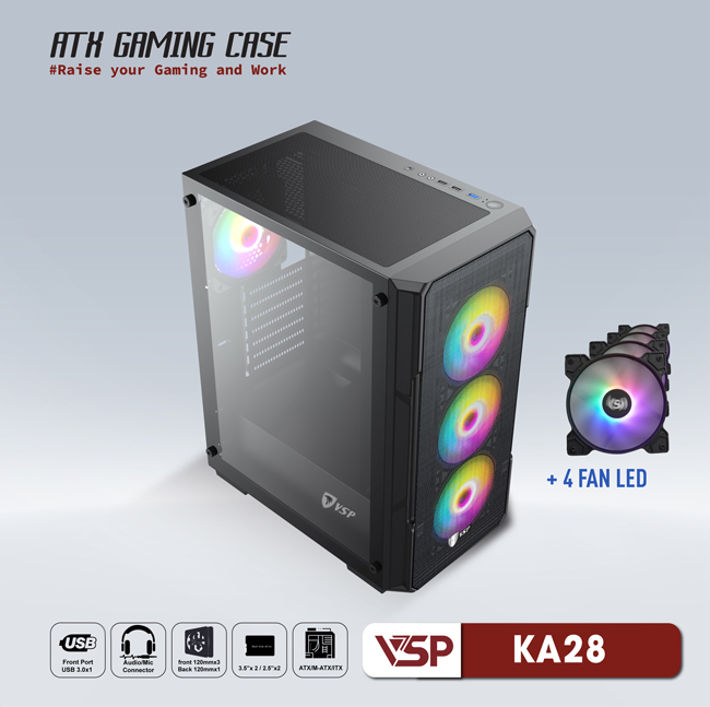 Vỏ máy tính Case VSP KA28 [ĐEN] sẵn 4 Fan LED ~ Gaming Kính cường lực (ITX, MICRO-ATX, ATX) - Hàng chính hãng TECH VISION phân phối