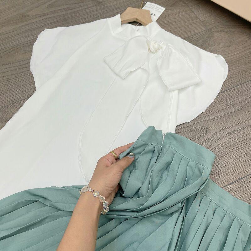 Set Áo Cổ Nơ Trắng Mix Chân Váy Xanh Xếp Ly Combo Chân Váy Ly Mix Áo Tráng Nơ Thanh Lịch
