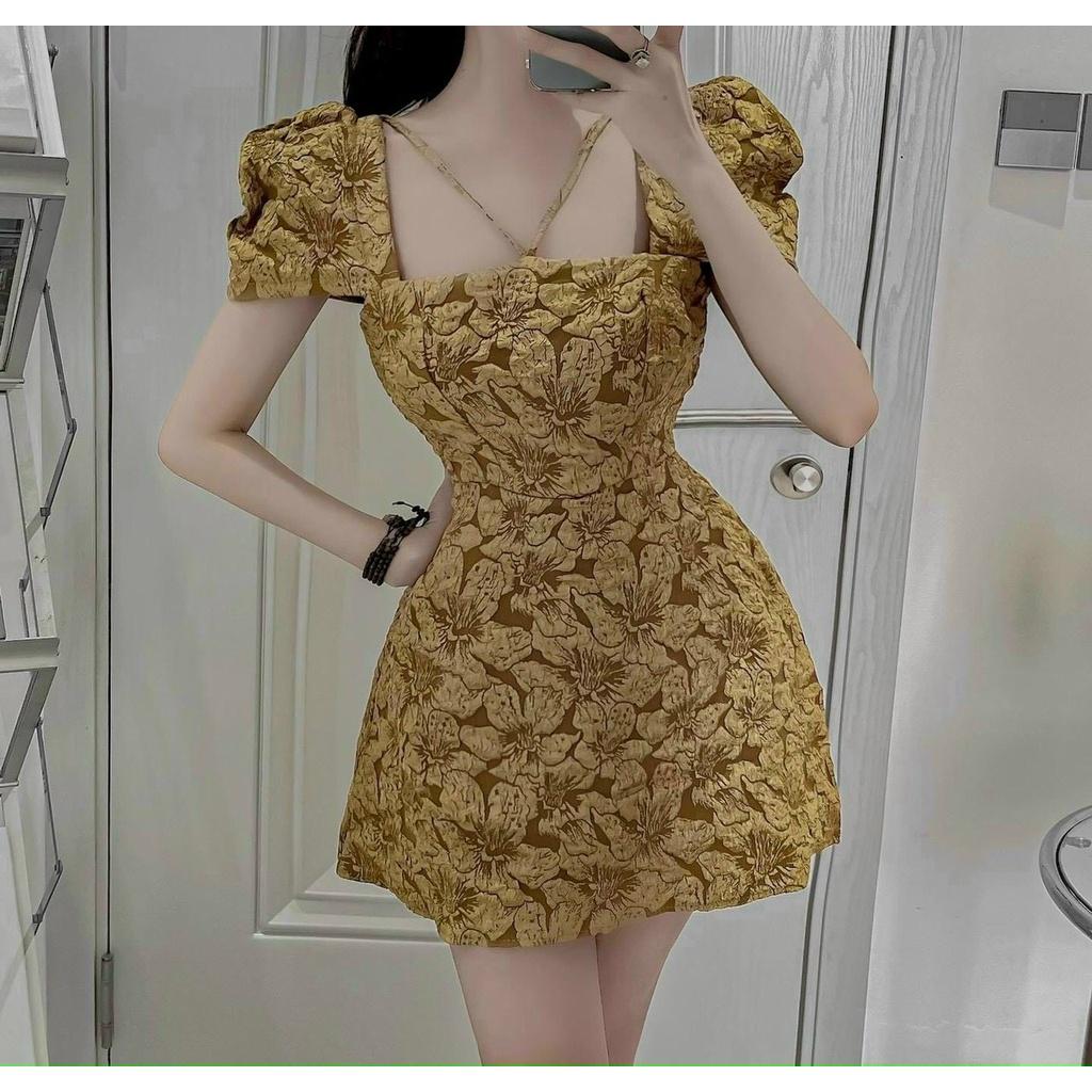 FREE SHIP Đầm Váy Nữ Chất Liệu Gấm Tay Phồng Cổ Vuông Phối Dây Kéo Cao Ngực Thiết Kế Sang Chảnh KIM GIA DS