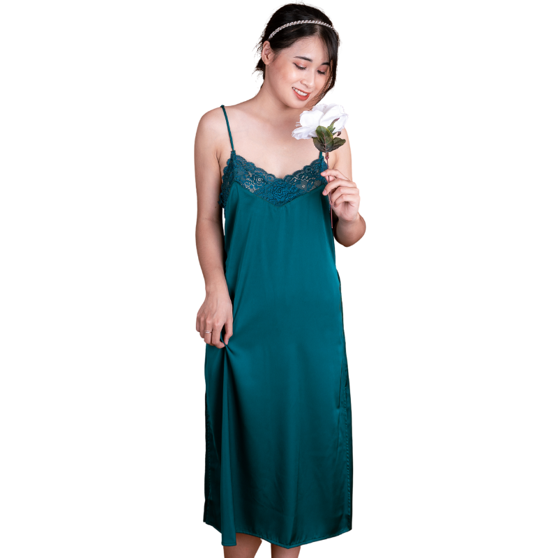 Đầm ngủ, Váy ngủ lụa Pháp cao cấp VILADY - V150, phối ren ngực và lưng, xẻ đùi 2 bên
