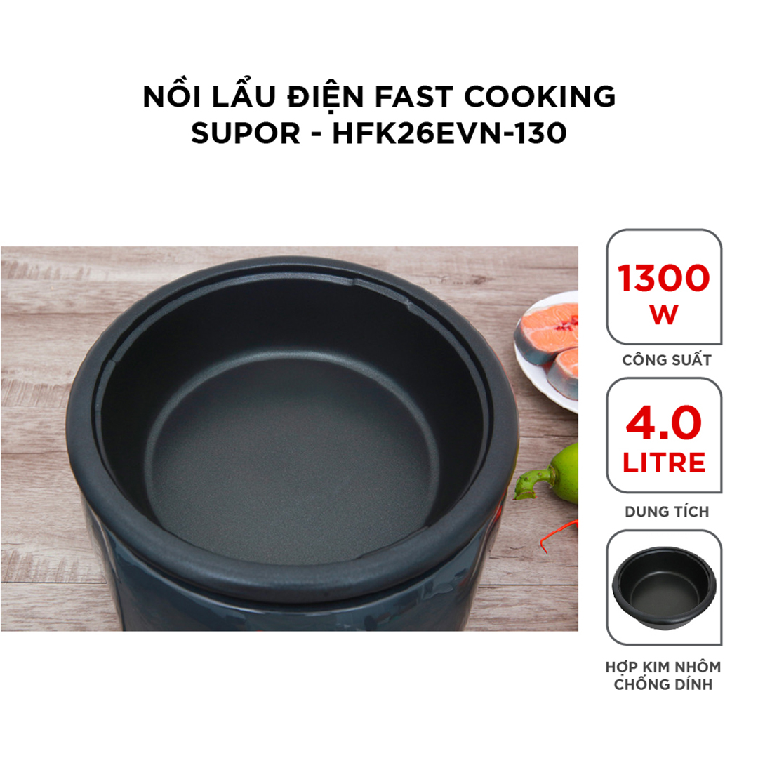 (HÀNG CHÍNH HÃNG) Nồi lẩu điện Fast Cooking Supor HFK26EVN-130 - 4L, 1300W