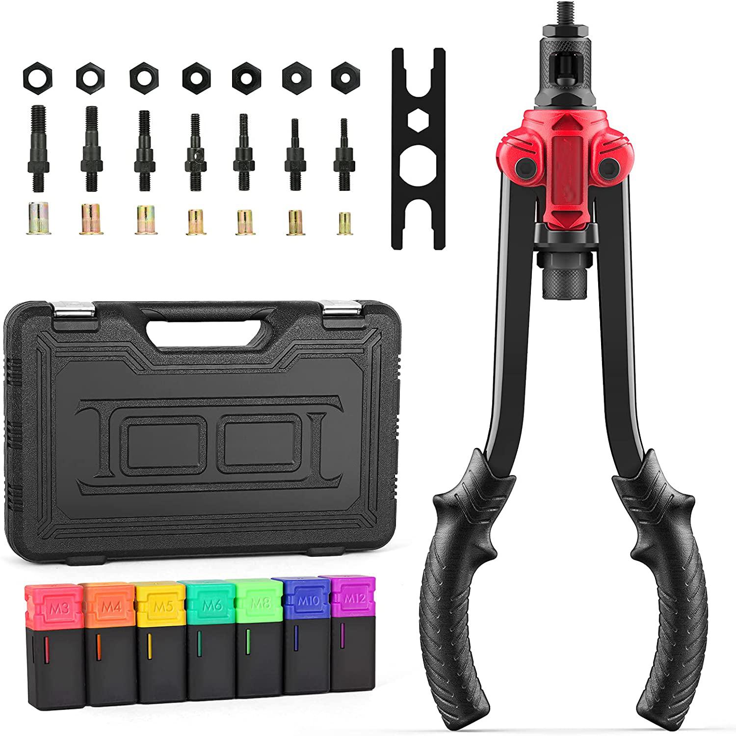 Rivet Nut Gun Hand Riveter High Quality 50# Carbon Steel Nut Gun Head and Handle with 70pcs Rivet Nuts and 7pcs Metric Mandrels