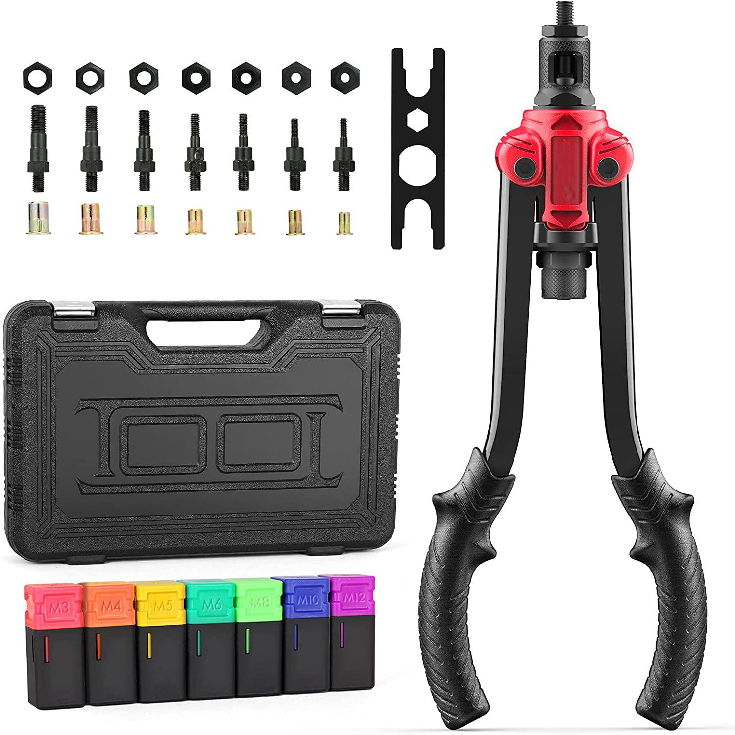 Rivet Nut Gun Hand Riveter High Quality 50# Carbon Steel Nut Gun Head and Handle with 70pcs Rivet Nuts (10 Rivet Nuts Per Spindle) and 7pcs Metric Mandrels