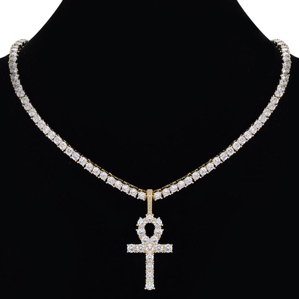 Necklace with Key Cross Pendant Zircon Jewel Accessory for Women Men Golden