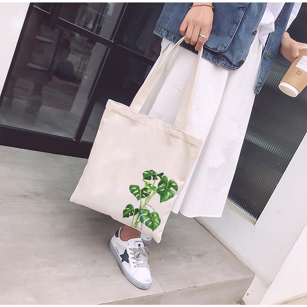 Túi tote canvas vải mộc Ginko có dây kéo khóa miệng túi( có túi con bên trong) đựng vừa laptop 14 inch và nhiều đồ dùng khác in hình cây lá M55-M56