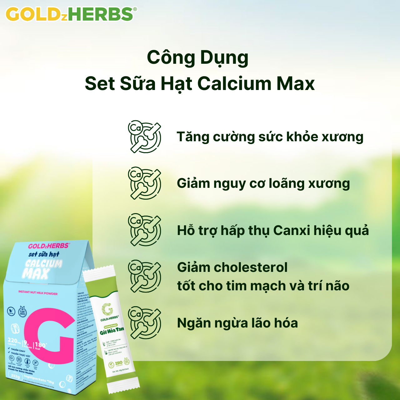 [Hàng chính hãng] Set sữa hạt chắc khỏe xương GoldzHerbs Calcium Max, bổ sung Canxi - 15 gói/ 252g/ 500g
