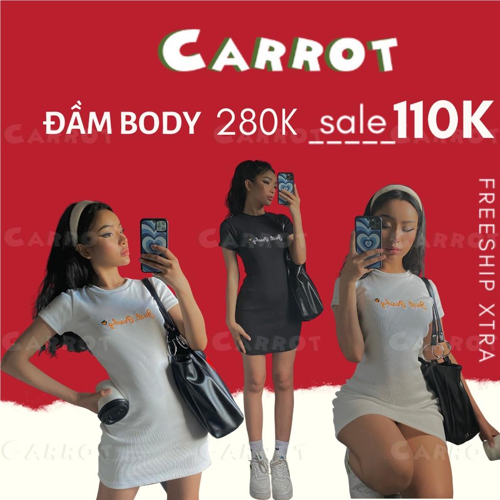 Đầm body ôm tay ngắn đen trắng thêu thun co giãn thiết kế carrotxinhdep