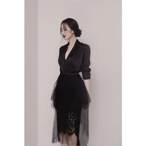 Set áo đầm váy phi mờ ren lưới mềm đen trắng tay dài cổ V công sở đi biển dự tiệc dạo phố bigsize cao cấp