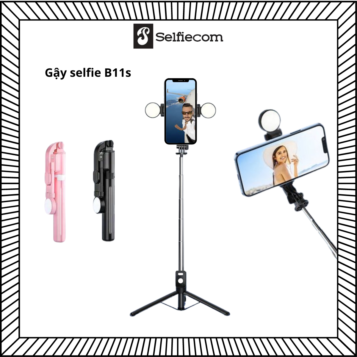 Gậy chụp ảnh/ Gậy selfie B11s tích hợp 3 chân kèm đèn flash mini và remote từ xa - Hàng chính hãng