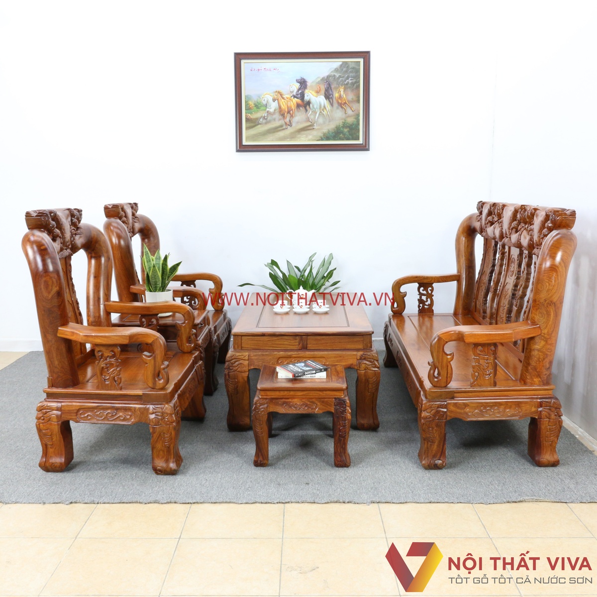 Bộ Bàn Ghế Salon Gỗ Hương Vân Tay 14 Chạm Đào 6 Món Cao Cấp