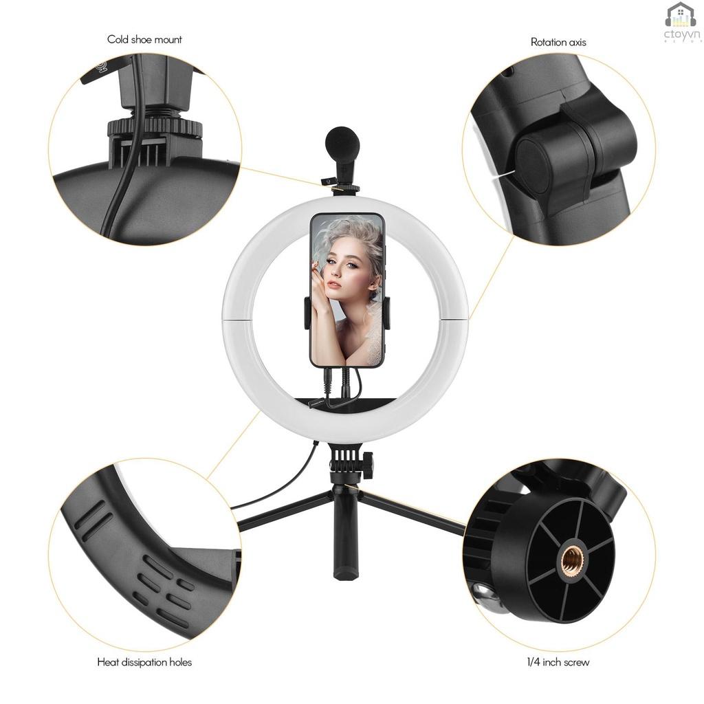 Vòng đèn LED 128 bóng 10 inch 3000K-6500K 10 cấp độ sáng tùy chỉnh có thể gấp gọn kèm giá đỡ điện thoại