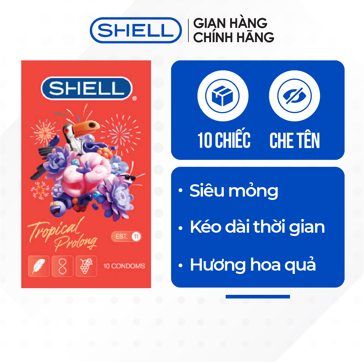 [Hộp 10 cái] Bao cao su Shell Tropical Prolong kéo dài thời gian, hương hoa quả nhiệt đới