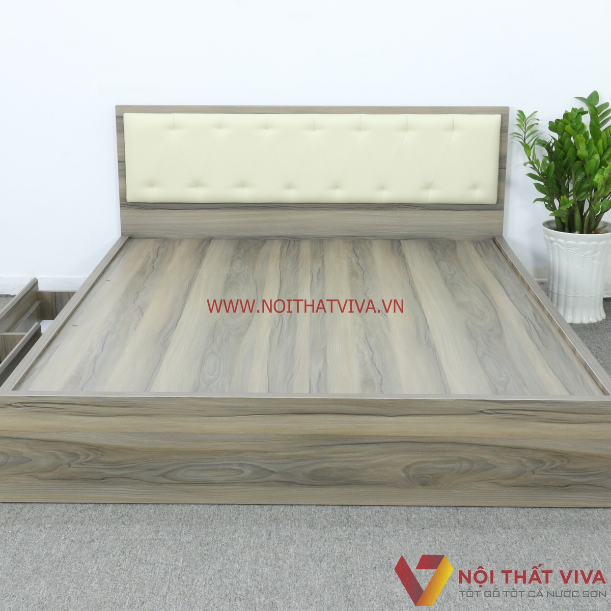 Giường Ngủ Gỗ Mdf Phủ Melamine Bọc Nệm Có Ngăn Kéo Màu Nết + Trắng