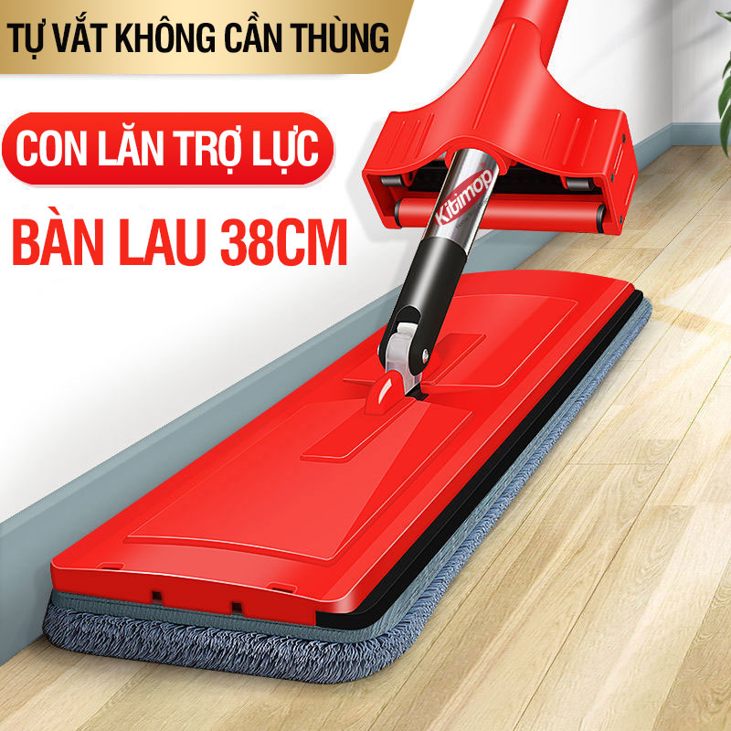 Cây lau nhà tự vắt Kitimop-Red bàn lau lớn 38cm, con lăn trợ lực, thanh thép không gỉ, khớp xoay 360 độ, 2 bông lau