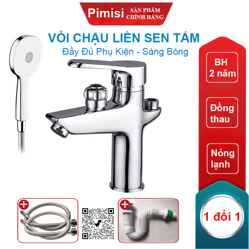 Vòi Chậu Liền Sen Pimisi Nóng Lạnh Cho Chậu Rửa Mặt Lavabo 1 Lỗ Làm Bằng Đồng Thau Mạ Xi Sáng Bóng Dùng Trong Phòng Tắm Nhỏ - Điều Chỉnh Nước Bằng Gật Gù Đầy Đủ Phụ Kiện Dây Bát Sen Tắm - Ống Xả Thải Và Dây Cấp Nước | Hàng Chính Hãng