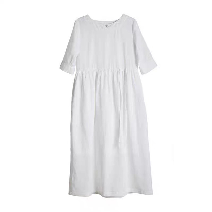 Đầm suông linen bột Premium tay lỡ chun eo ArcticHunter - Trắng