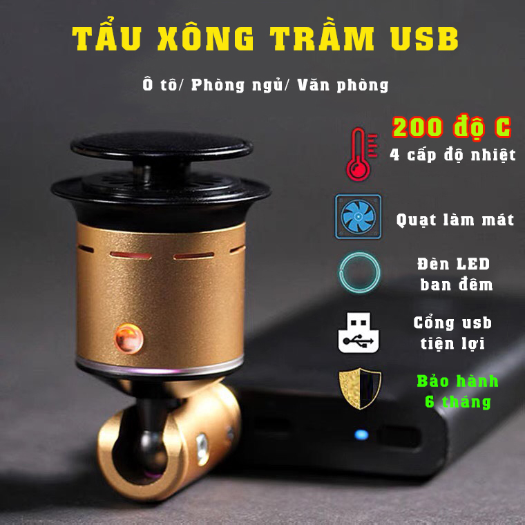 Tẩu xông trầm hương trên ô tô hình tháp đèn cổng USB với khay chứa rộng kèm 4 mức nhiệt 200 độ