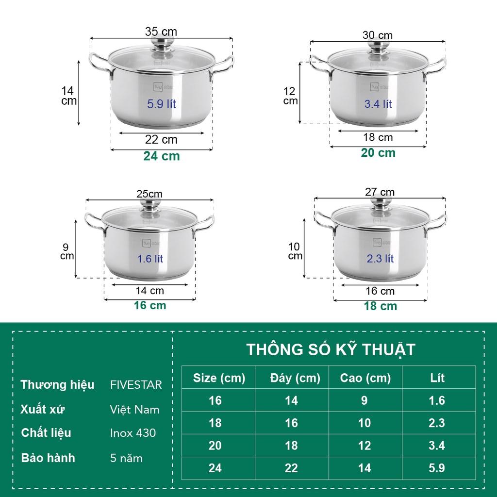 Bộ nồi chảo 3 đáy inox 403 Fivestar 5 món nắp kính tặng 5 muỗng ăn