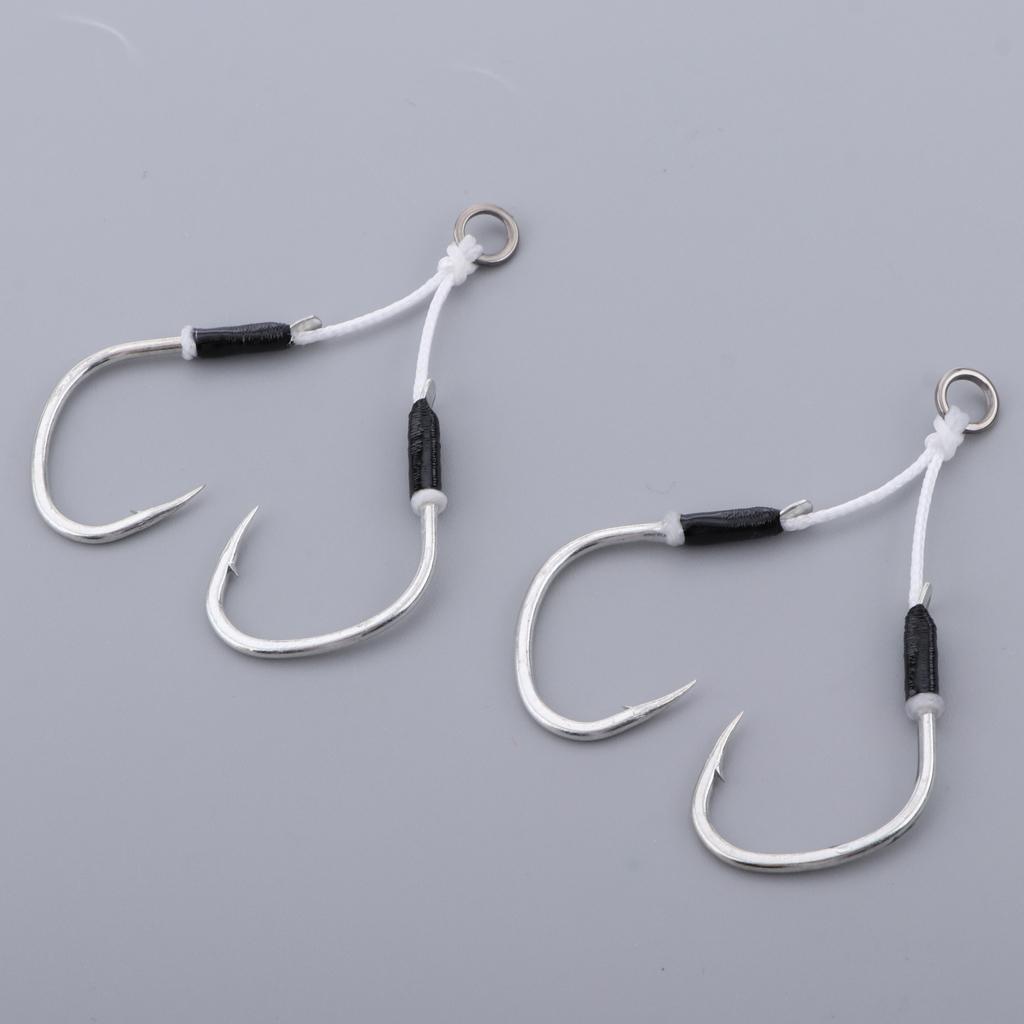 2 Pieces Carbon Steel Fishing Jig Hooks Barbed Assist Hooks with PE Line A