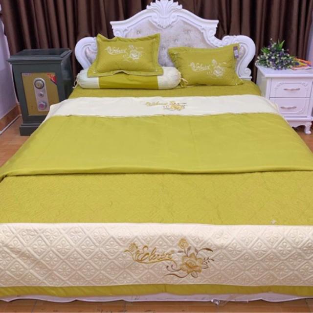 Combo 7 Món Chăn Ga Gối Satin Cotton Hàng cao cấp Đủ Kích Thước Màu xanh cốm