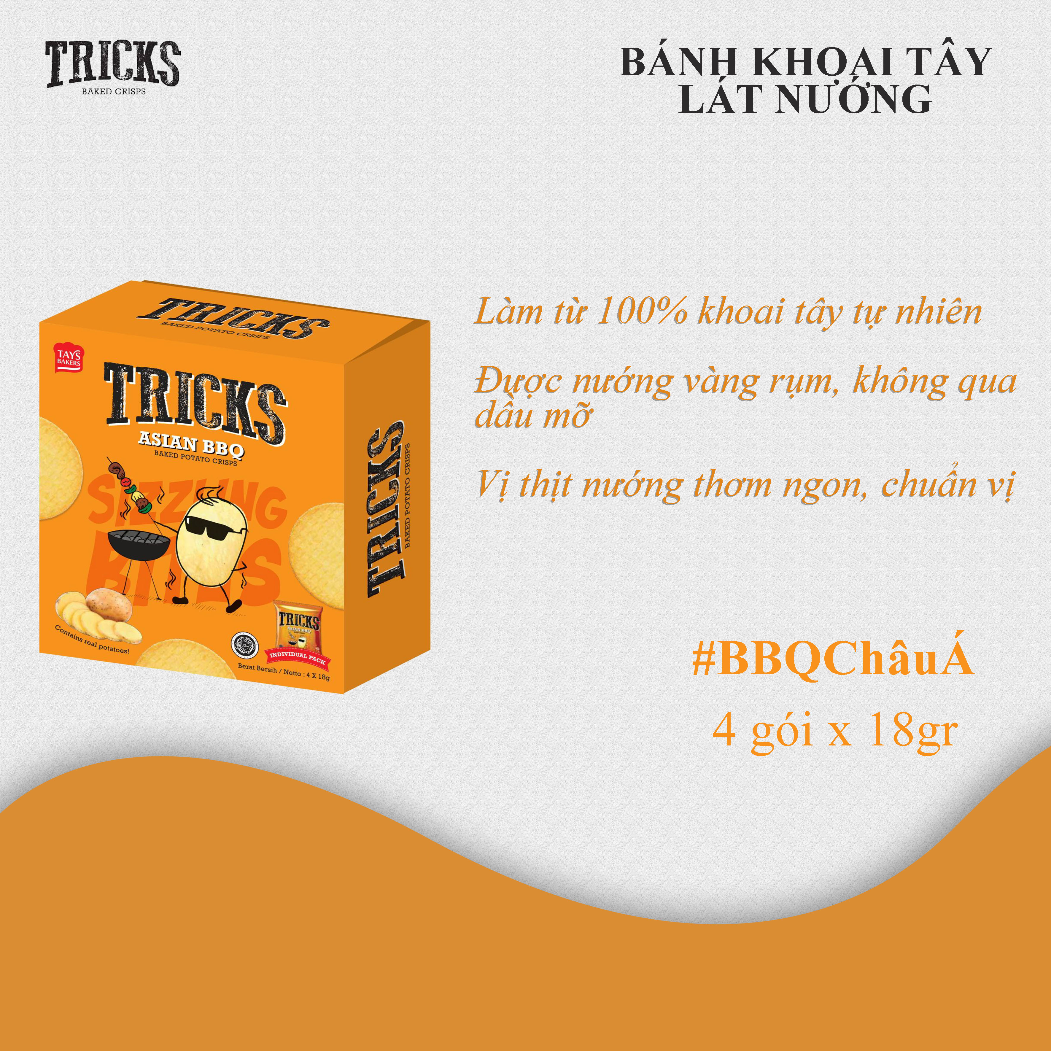 Bánh Khoai Tây Lát Tricks Vị BBQ Châu Á (Hộp 4 gói x 18gr)