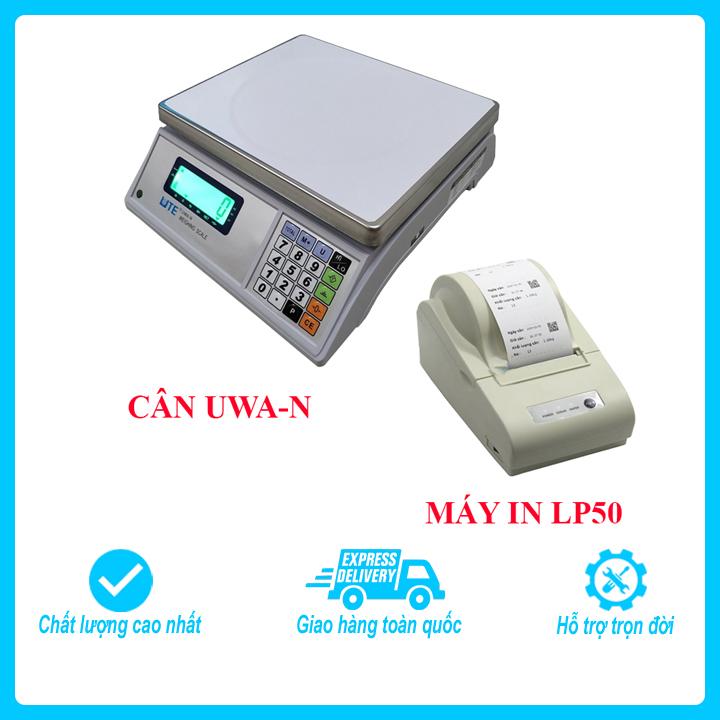 Bộ sản phẩm in tem phiếu khối lượng gồm cân điện tử thông dụng UTE UWA-N mức cân 3kg, độ chia 0.1g và máy in LP50